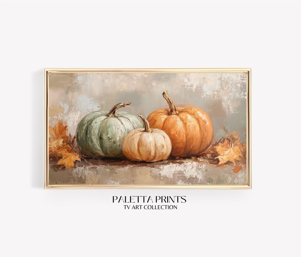 Pumpkin Trio Sage Cream Orange Vintage Rustic Fall Still Life Poster