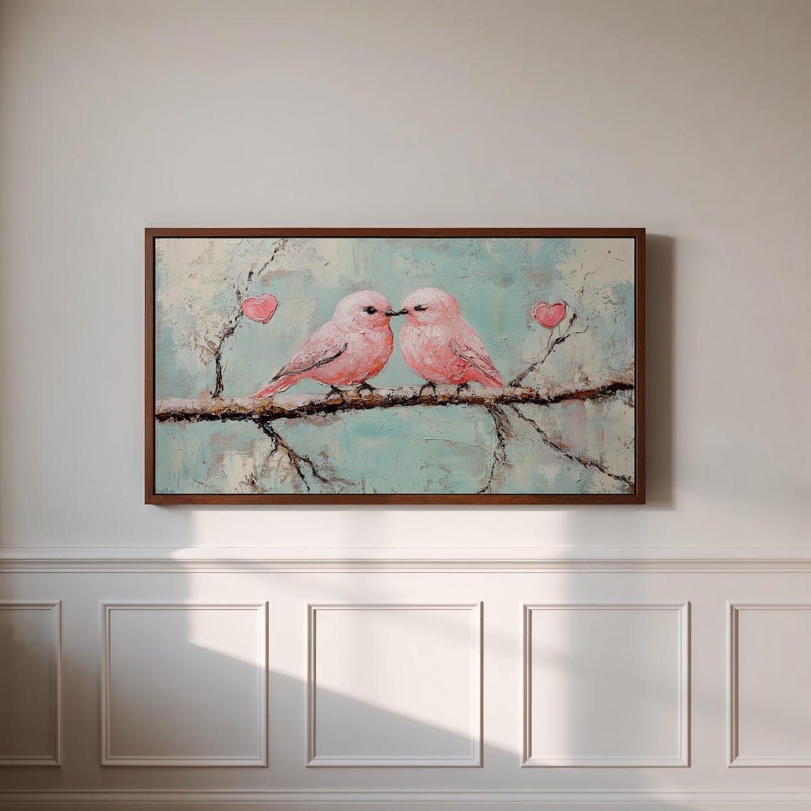 Pink Lovebirds Kissing Hearts Teal Background Bird Art Poster - Image 3