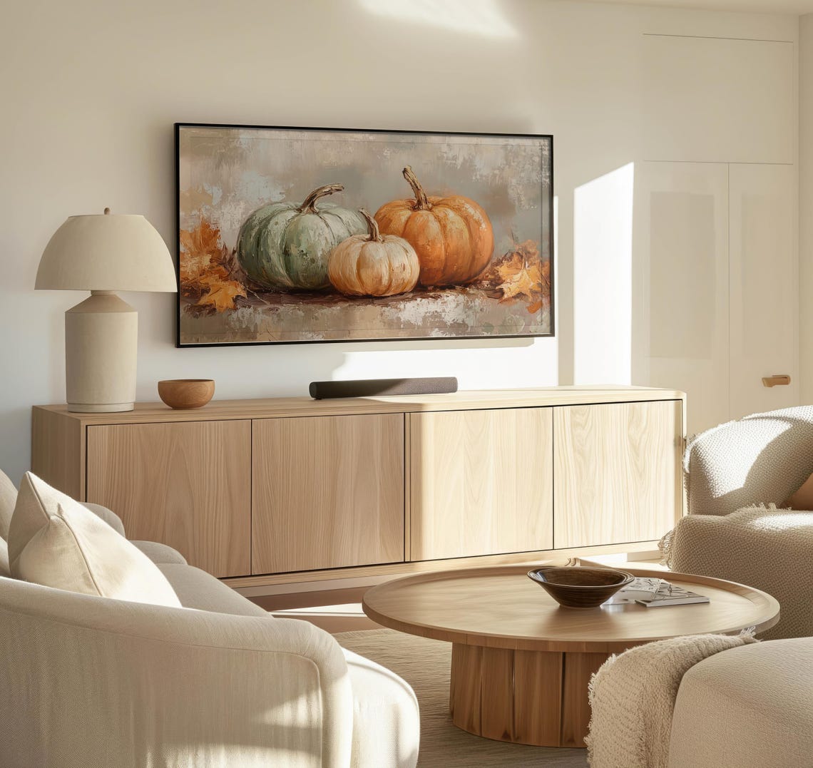 Pumpkin Trio Sage Cream Orange Vintage Rustic Fall Still Life Poster - Image 3