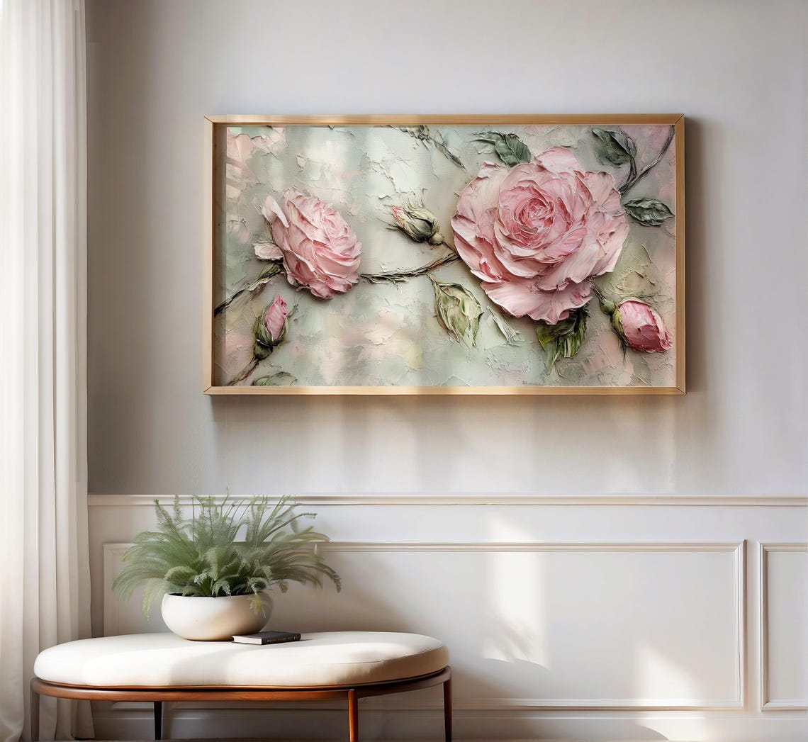 Blush Pink Roses Sage Green Impasto Textured Floral Art Poster - Image 2