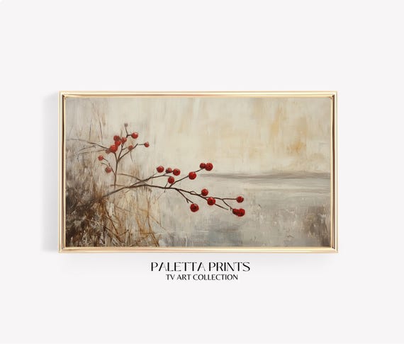 Winter Red Berry Branch Frame Tv Art Minimalist Holiday Decor Rustic Nature Artwork Frame Tv Winter Wall Art Neutral Vintage