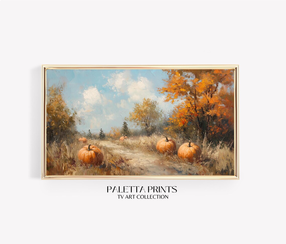 Autumn Pumpkin Patch Field Path Impressionist Fall Harvest Landscape Poster