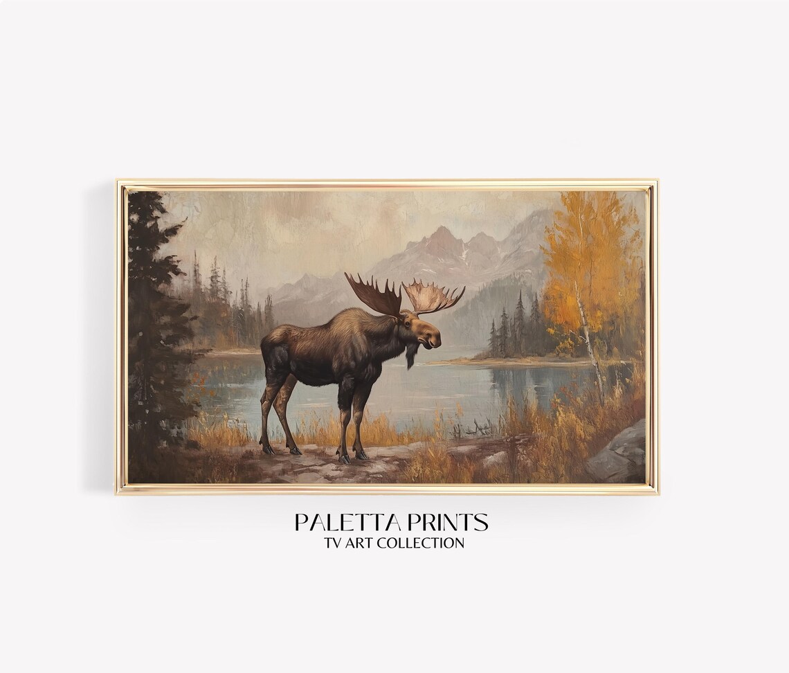 Bull Moose Standing By Mountain Lake Autumn Wildlife Vintage Wall Art