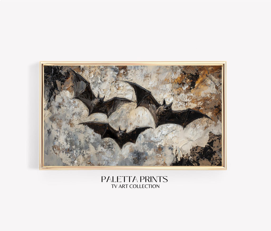 Three Bats In Textured Cloudy Sky Minimal Halloween Gothic Art Poster