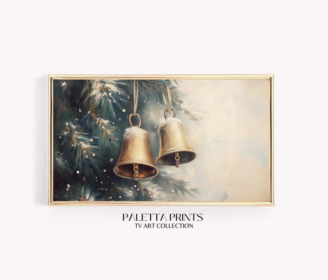 Vintage Gold Christmas Bells Snowy Pine Branch Rustic Holiday Poster