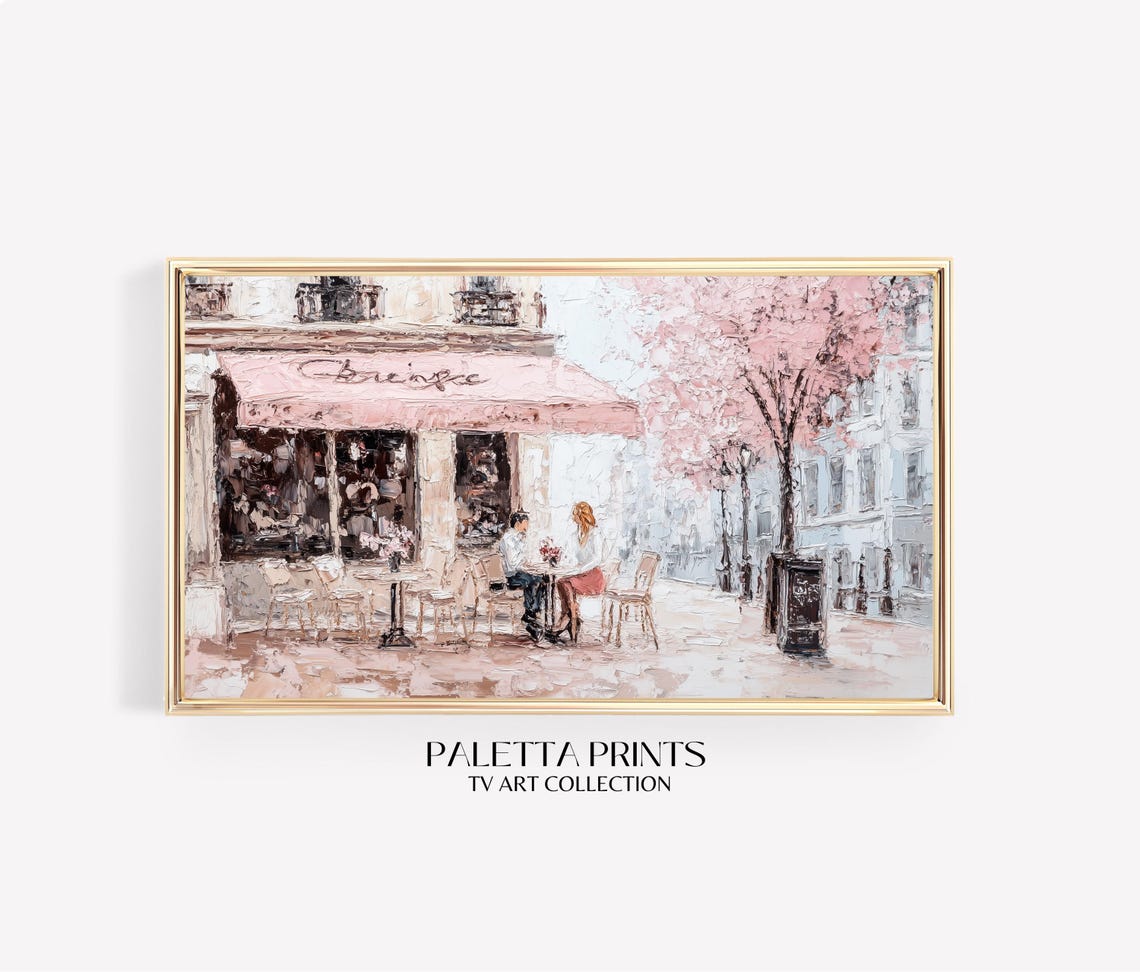 Paris Cafe Couple Cherry Blossom Spring Romance Travel Poster