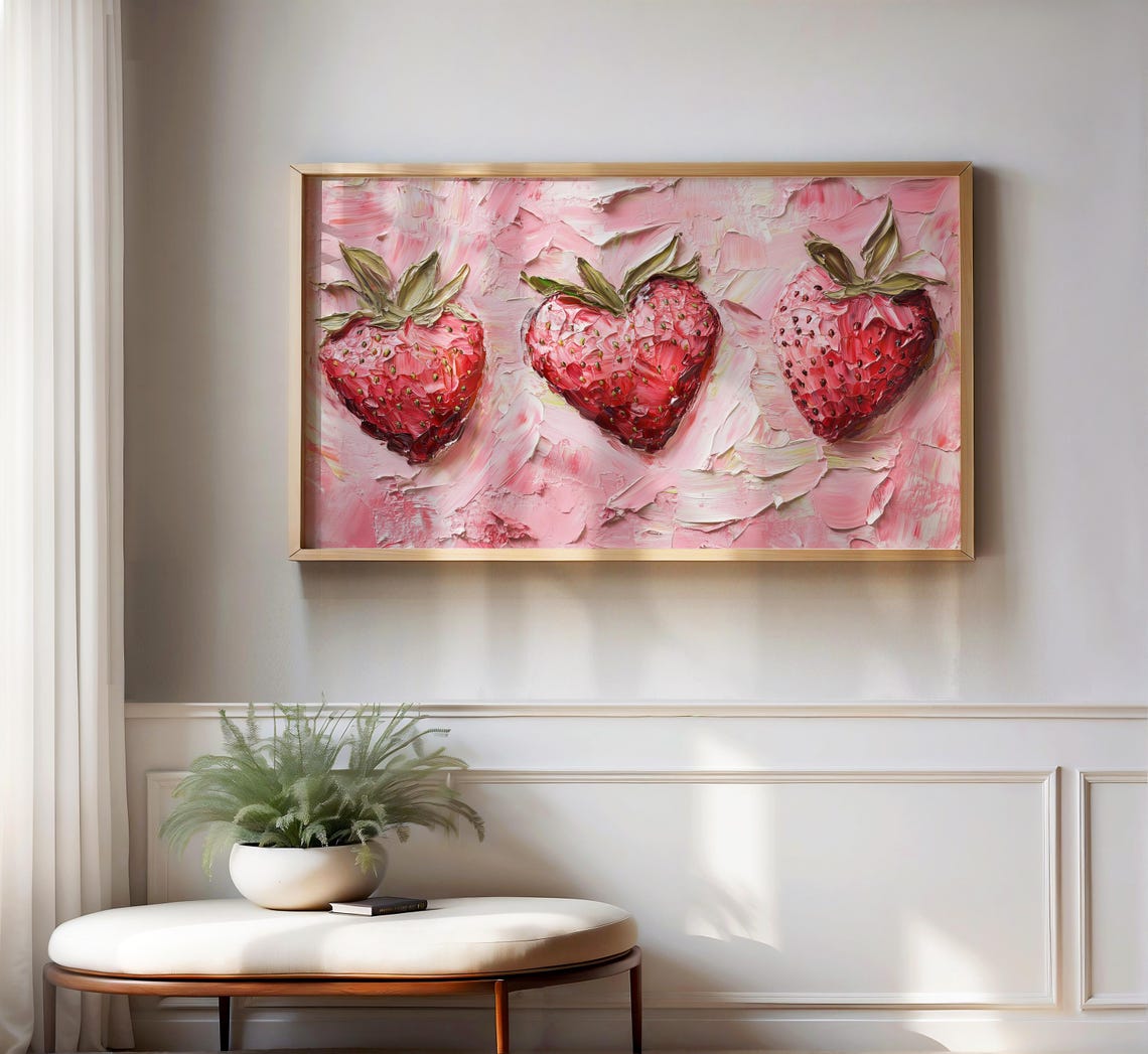 Heart Shaped Strawberries Trio Pink Impasto Kitchen Art Poster - Image 2