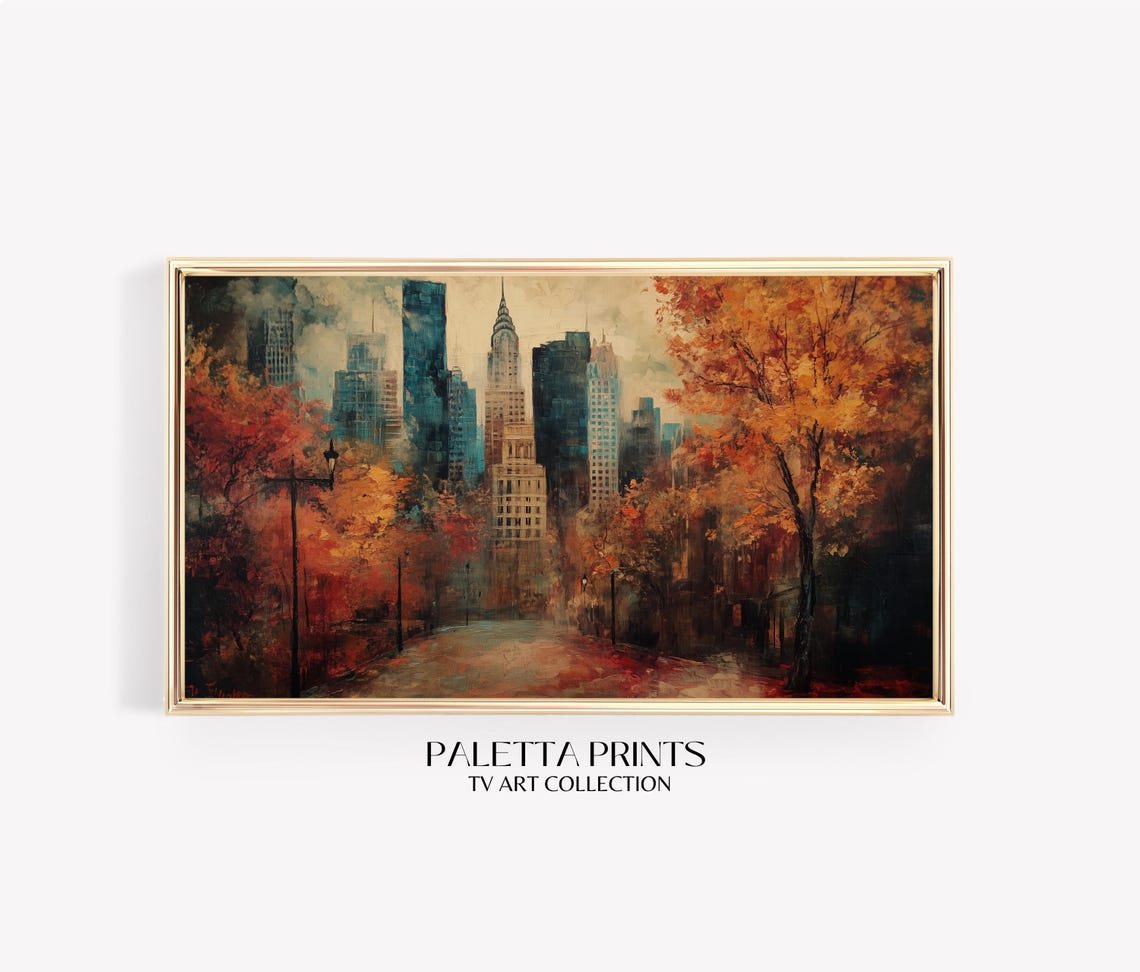 New York City Manhattan Skyline Autumn Park Fall Foliage Travel Poster