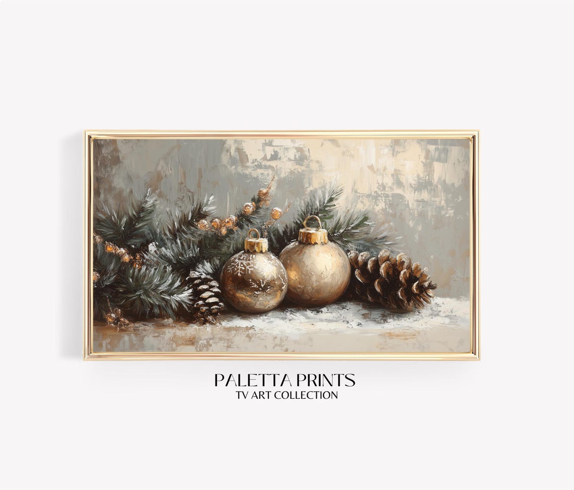 Neutral Christmas Gold Ornaments Pinecones Frosted Still Life Poster