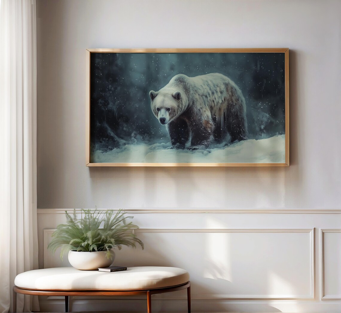 Majestic Bear Walking In Winter Snowstorm Dark Forest Wildlife Painting Art Poster - Image 2