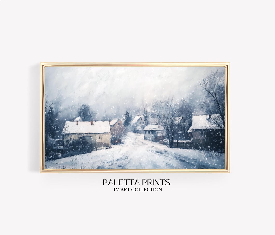 Snowy Village Road Falling Snow Blue Winter Landscape Poster