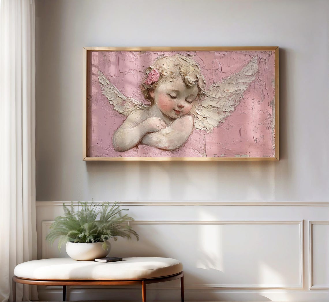 Sleeping Cherub White Wings Pink Impasto Sweet Angel Art Poster - Image 2