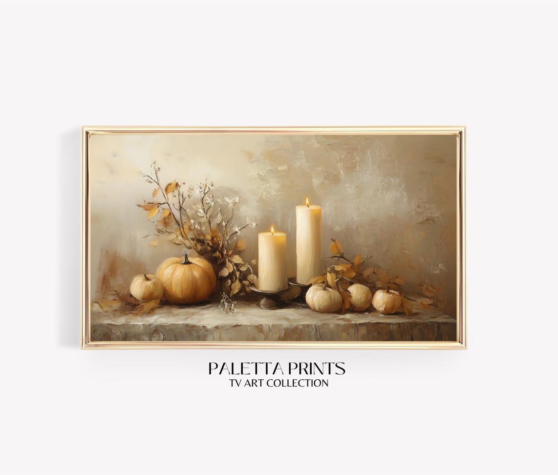 Cream Candles Mini Pumpkins Neutral Autumn Decor Still Life Poster