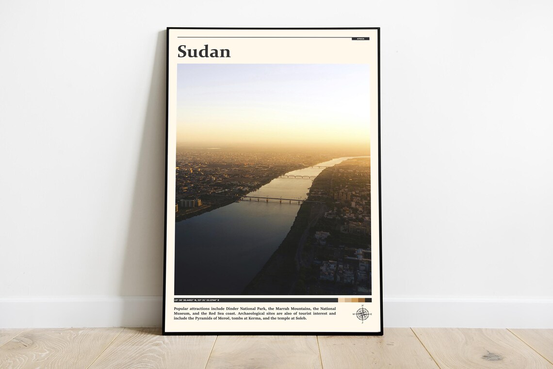 Sudan Africa Golden Nile River Sunset Bridges Aerial Travel Poster