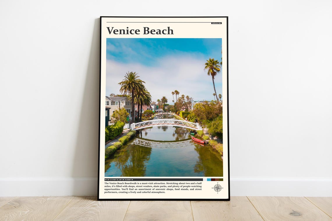 Venice Beach Canals Bridge Palm Trees Los Angeles Photography Poster