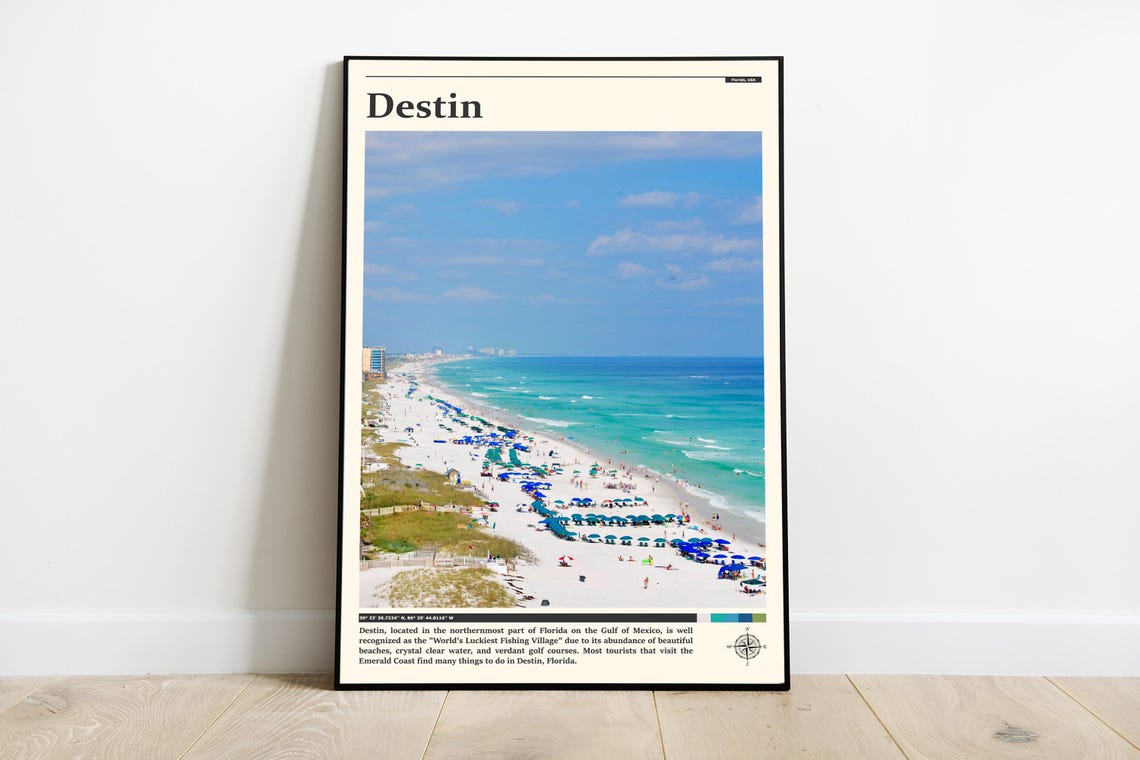 Destin Florida Emerald Coast Blue Umbrellas Crowd Travel Poster