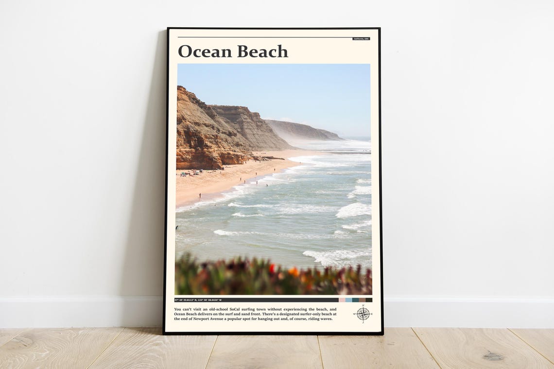 Ocean Beach Surf Cliffs SoCal Beach California Travel Poster