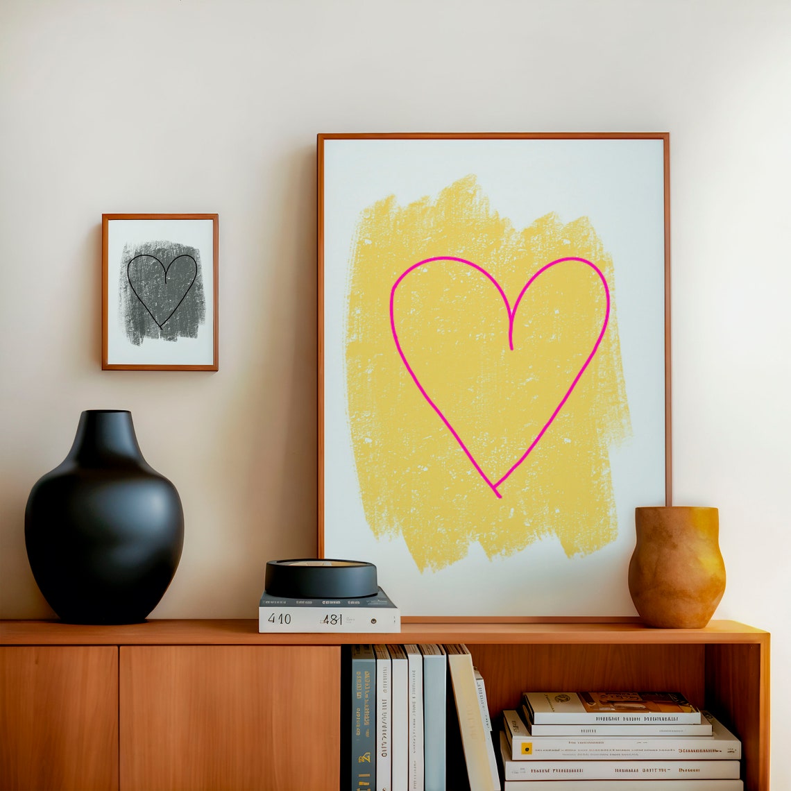Pink Heart Outline Over Yellow Brushstroke Abstract Art Poster