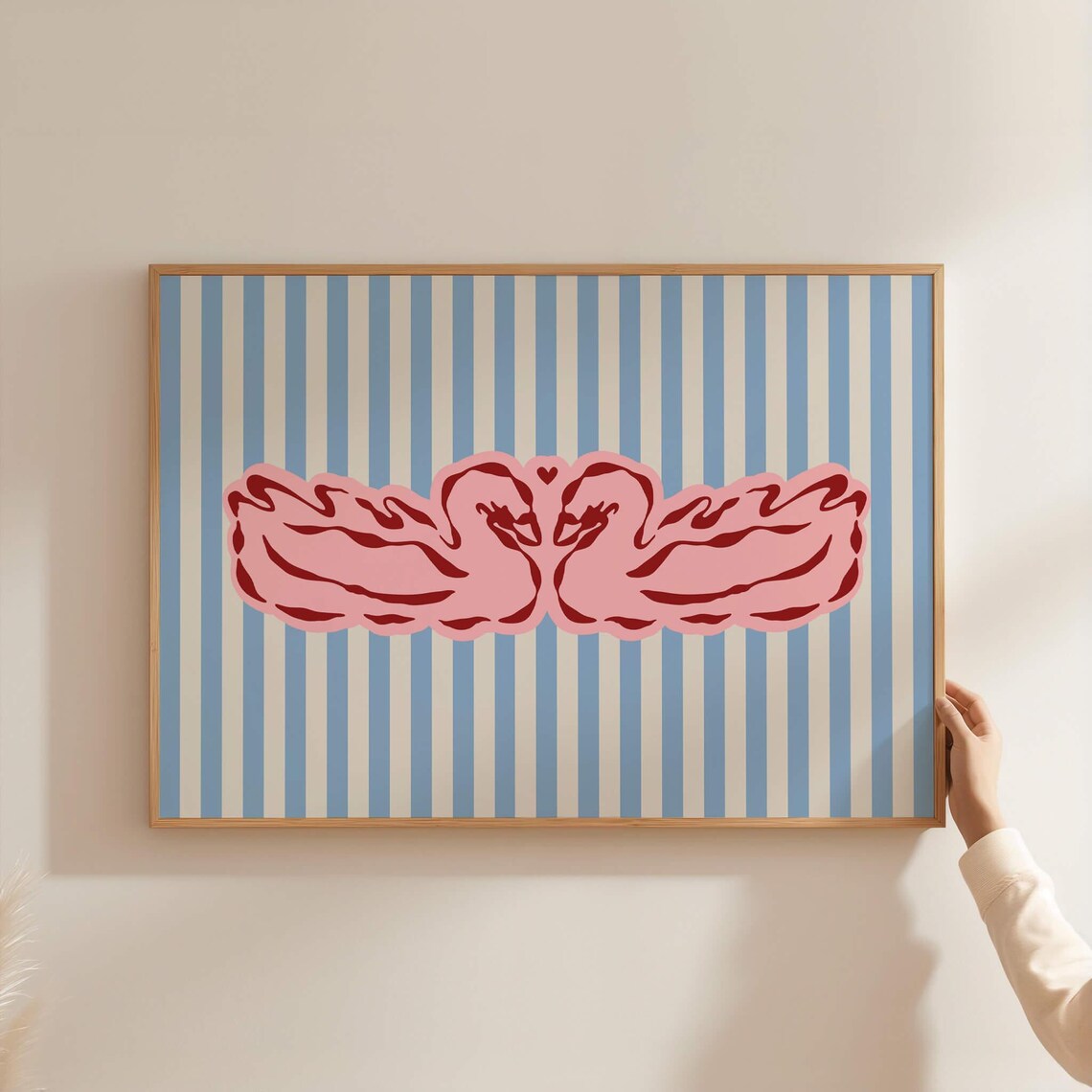 Pink Swans on Blue Striped Romantic Bedroom Above Bed Poster