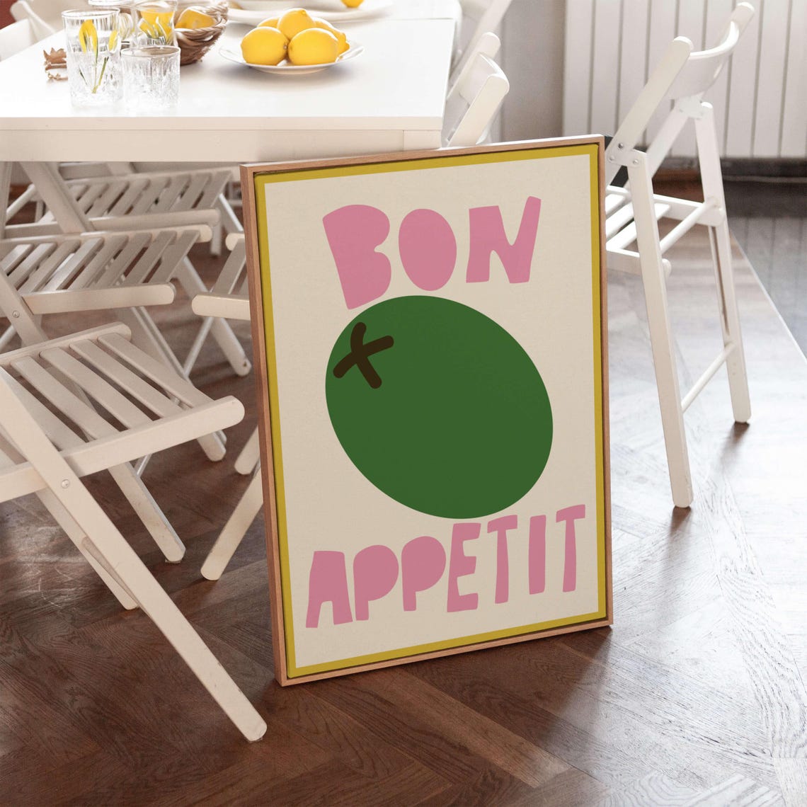 Bon Appetit Olive Kitchen Poster Pink Green Retro Food Wall Decor - Image 3
