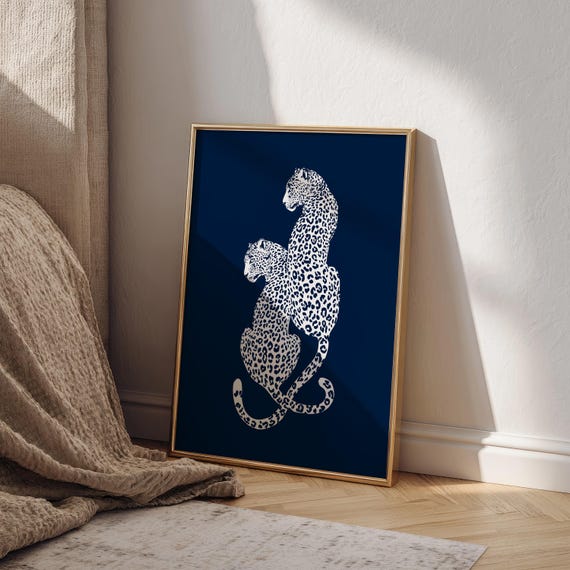 Leopard Wall Art Minimalist Poster Funky Home Decor Navy Blue College Apartment Cool Print Bedroom