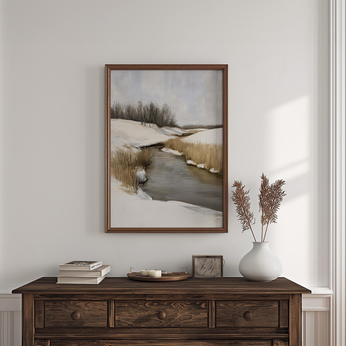 Winter Creek Through Snow With Reeds Muted Vintage Landscape Painting Poster - Image 7