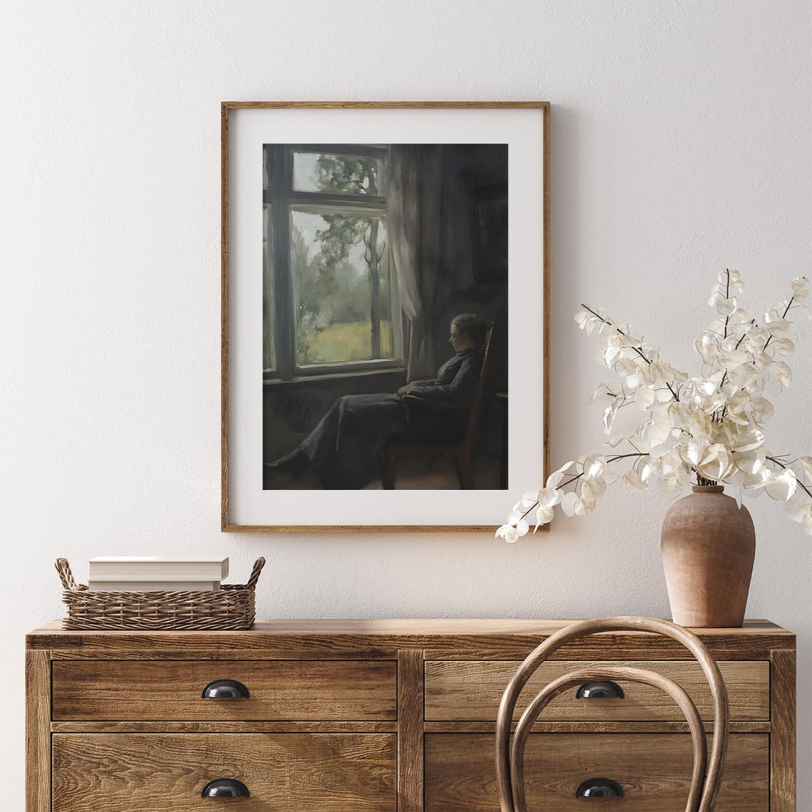 Woman By Window Dark Interior Gaze Moody Contemplative Art Poster - Image 7