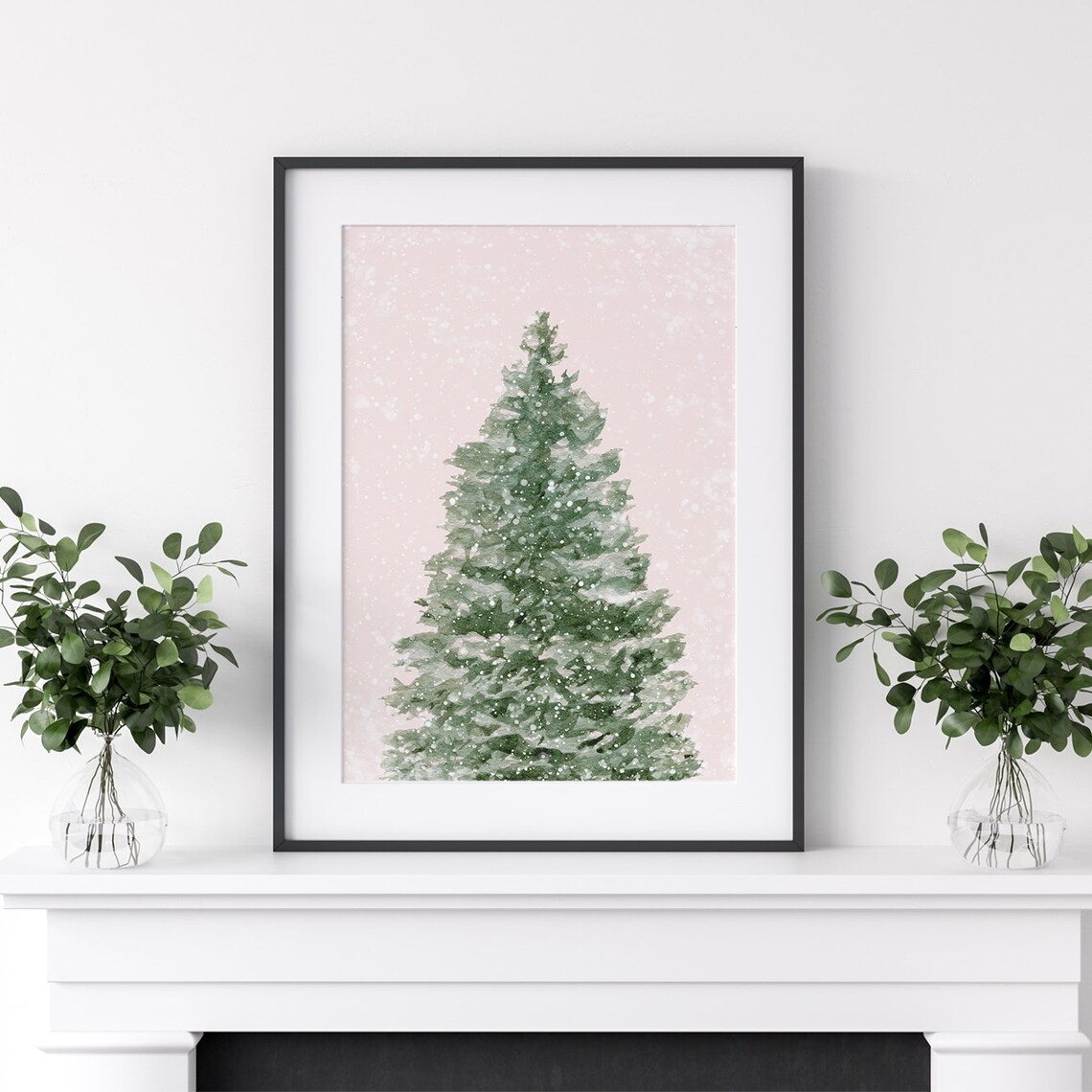 Snowy Evergreen Blush Pink Watercolor Winter Christmas Poster - Image 2