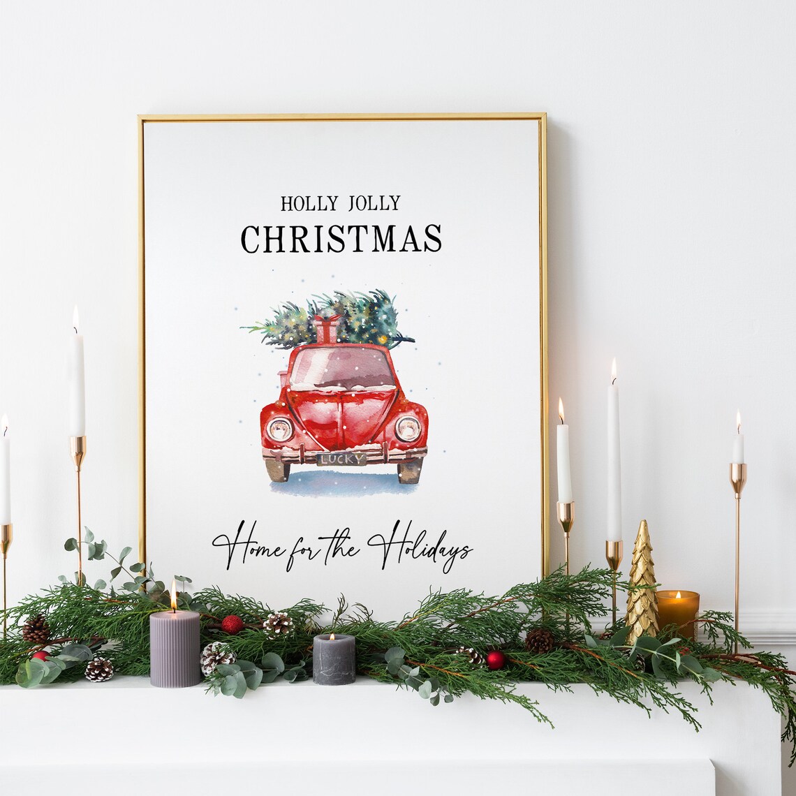 Red Christmas Car Watercolor Painting, Holiday Decor - Image 4