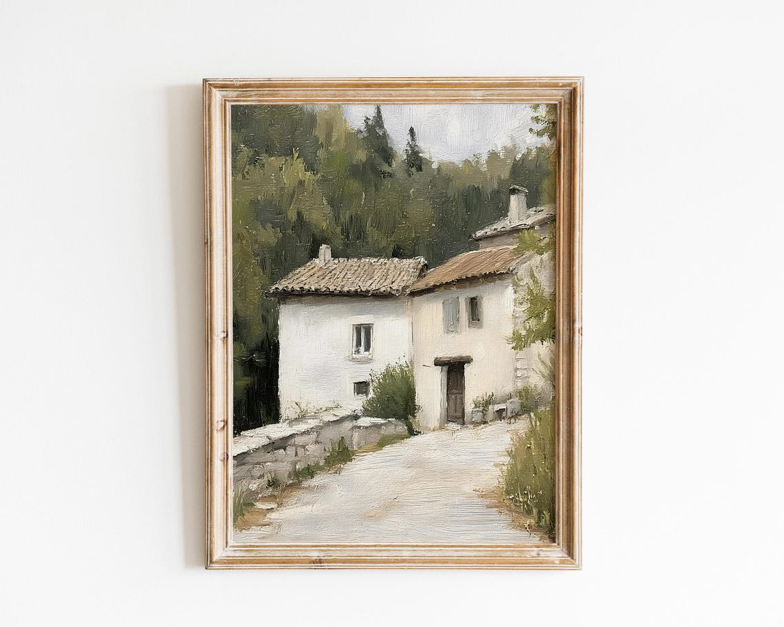 Rustic Countryside House Painting Charming Neutral Farmhouse Path Scene Vi135