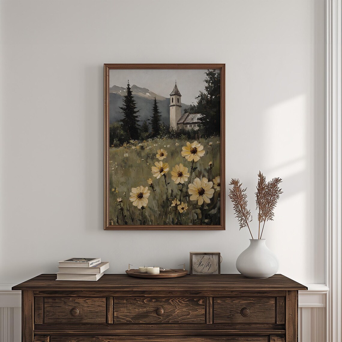 Mountain Village Church With Daisies Vintage Alpine Painting Poster - Image 4