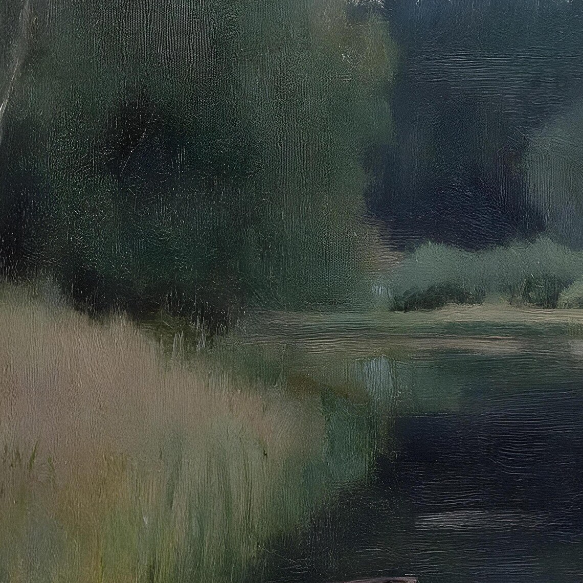 Canoe On Still Lake At Dusk Moody Vintage Lakeside Painting Poster - Image 2