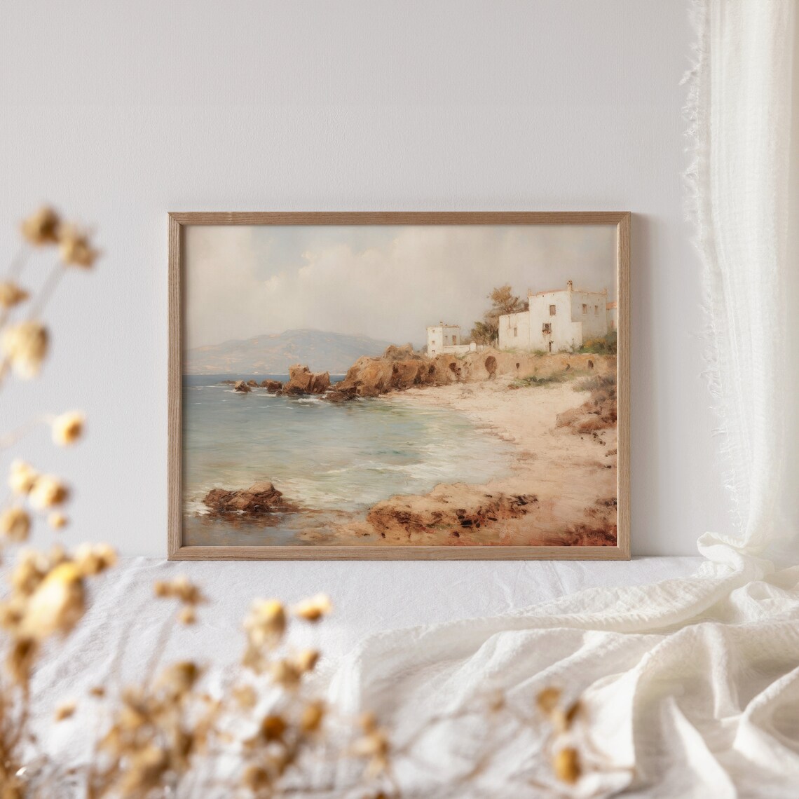 Mediterranean Coastal Rocky Shoreline White Villas Vintage Oil Art Poster - Image 4