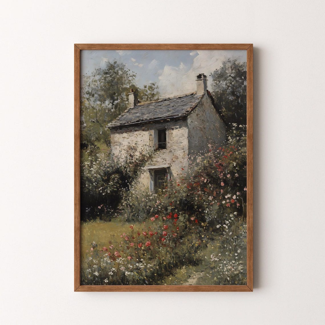 Stone Cottage Wildflower Garden Red Poppies Blue Door Rustic Poster
