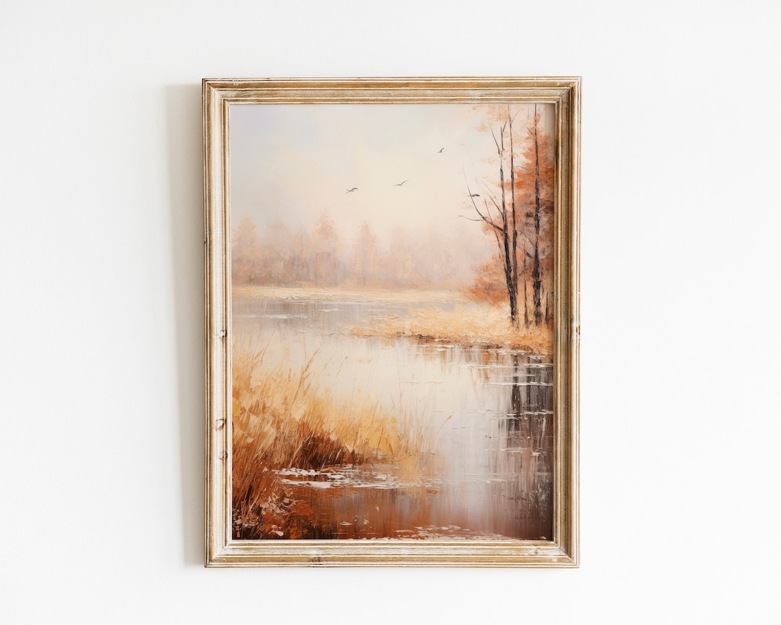 Autumn Lake with Golden Reeds and Bare Trees Misty Warm Landscape Poster