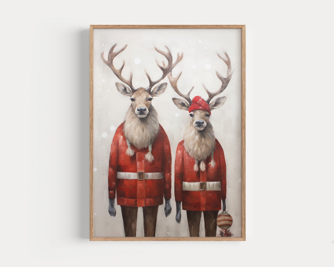 Dapper Stags in Red Coats Snowy Christmas Portrait Animal Poster - Image 2