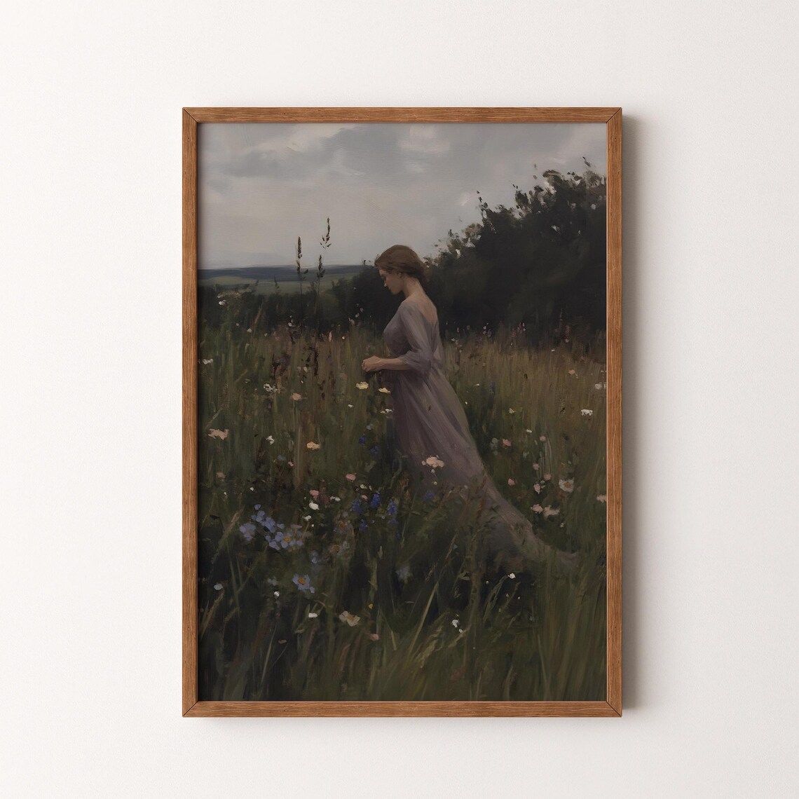 Woman In Lavender Dress Walking Wildflower Meadow Vintage Art Poster