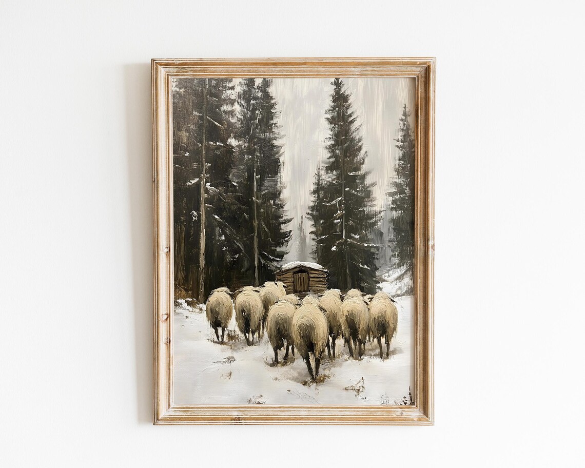 Sheep Flock In Snowy Pine Woods Vintage Winter Rustic Farmhouse Art Poster