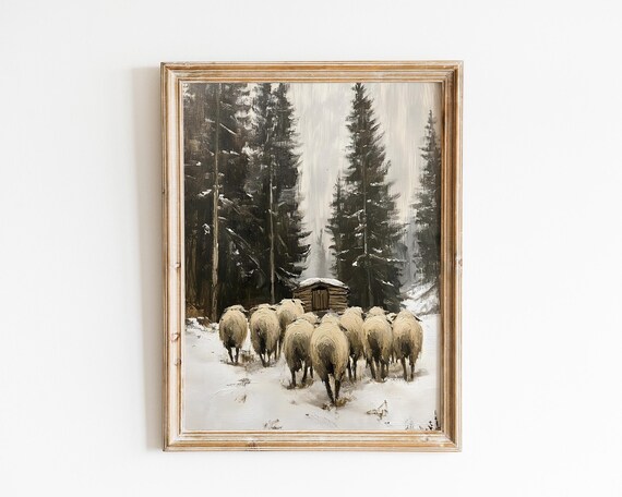 Sheep Flock Walking To Cabin In Snowy Pine Forest Vintage Winter Art Poster
