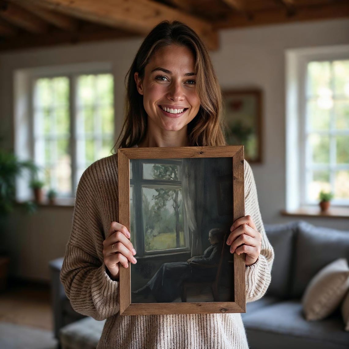 Woman By Window Dark Interior Gaze Moody Contemplative Art Poster - Image 5