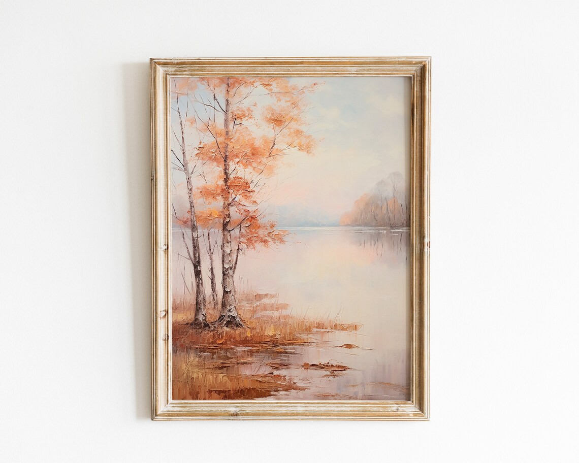 Birch Trees with Autumn Orange Foliage by a Calm Lake Vintage Art Poster