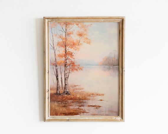 Birch Trees with Autumn Orange Foliage by a Calm Lake Vintage Art Poster