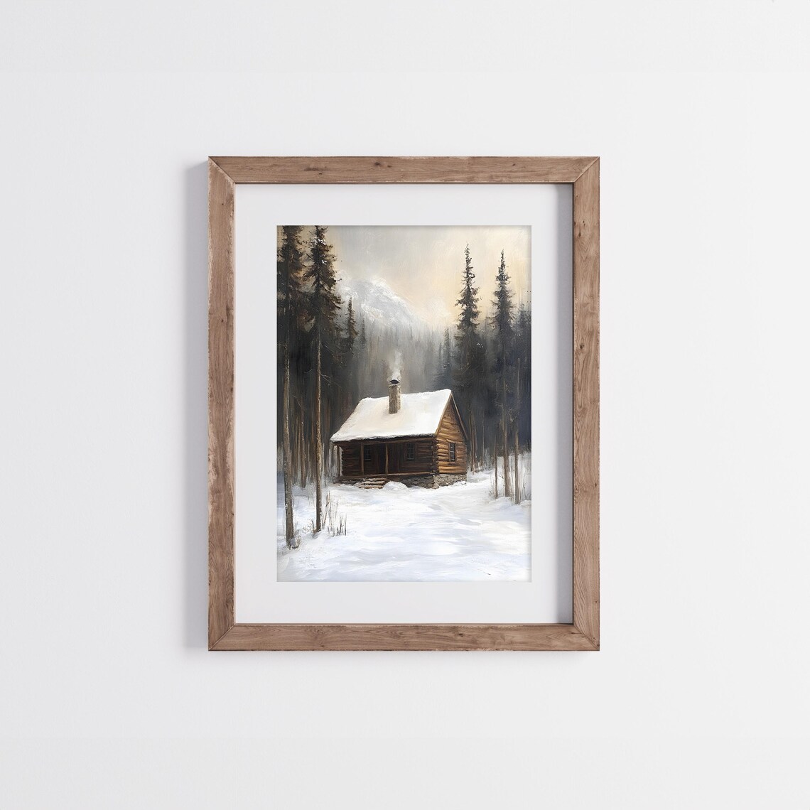 Rustic Log Cabin In Misty Snowy Pine Forest With Chimney Smoke Winter Poster - Image 4