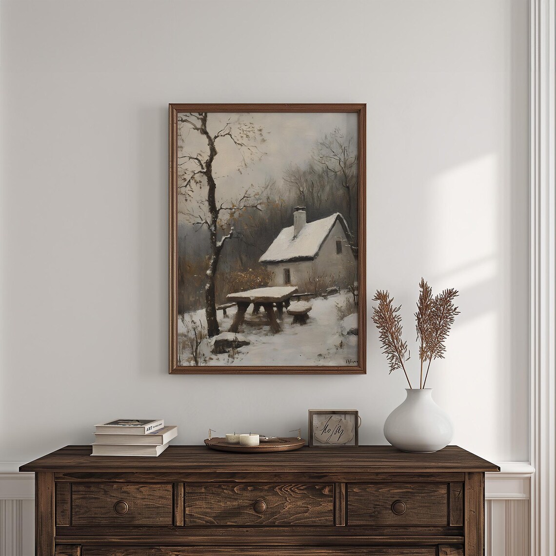 Snow Covered Cottage With Rustic Wooden Table Vintage Winter Landscape Poster - Image 7