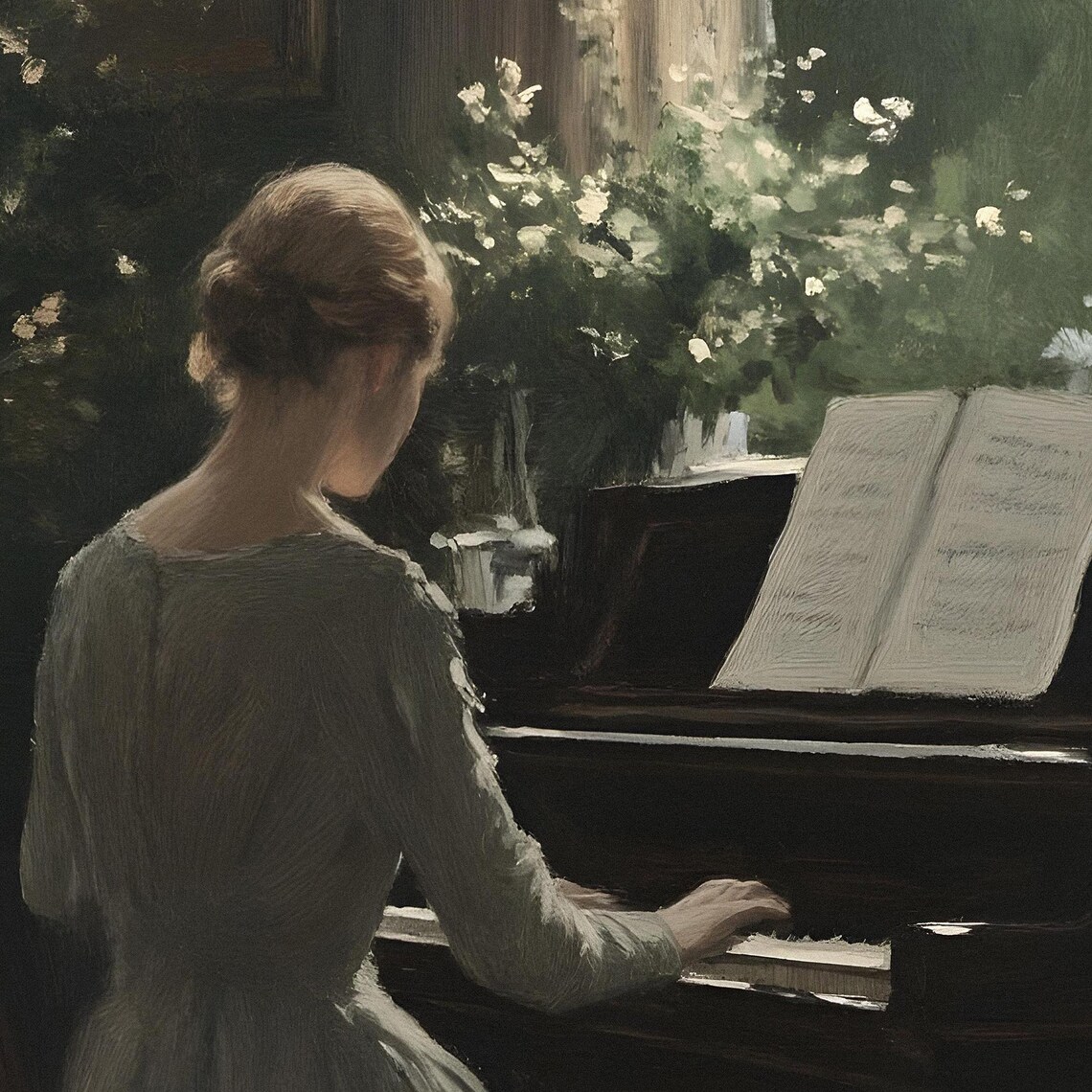 Woman Playing Piano By Window Moody Vintage Interior Painting Poster - Image 2