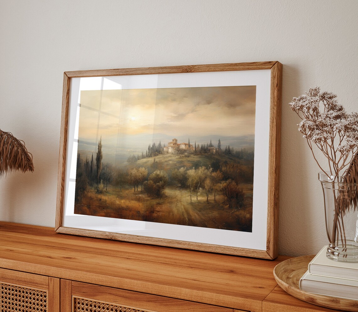 Golden Tuscany Hilltop Villa At Sunset With Cypress Painting Poster - Image 2