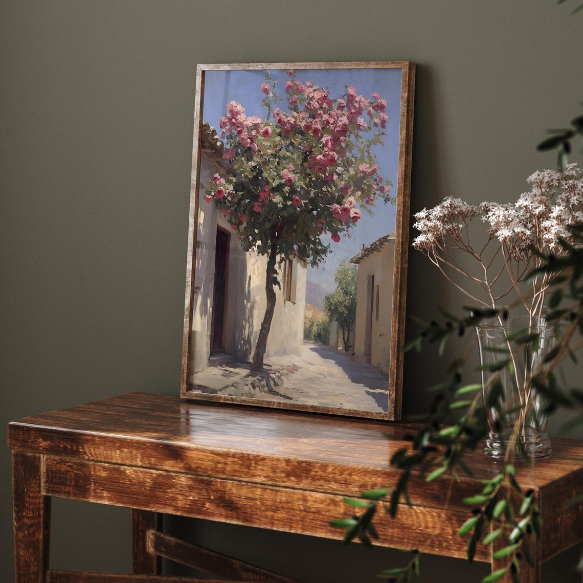 Blooming Rose Tree Mediterranean Street Sunlit Village Scene Poster - Image 6