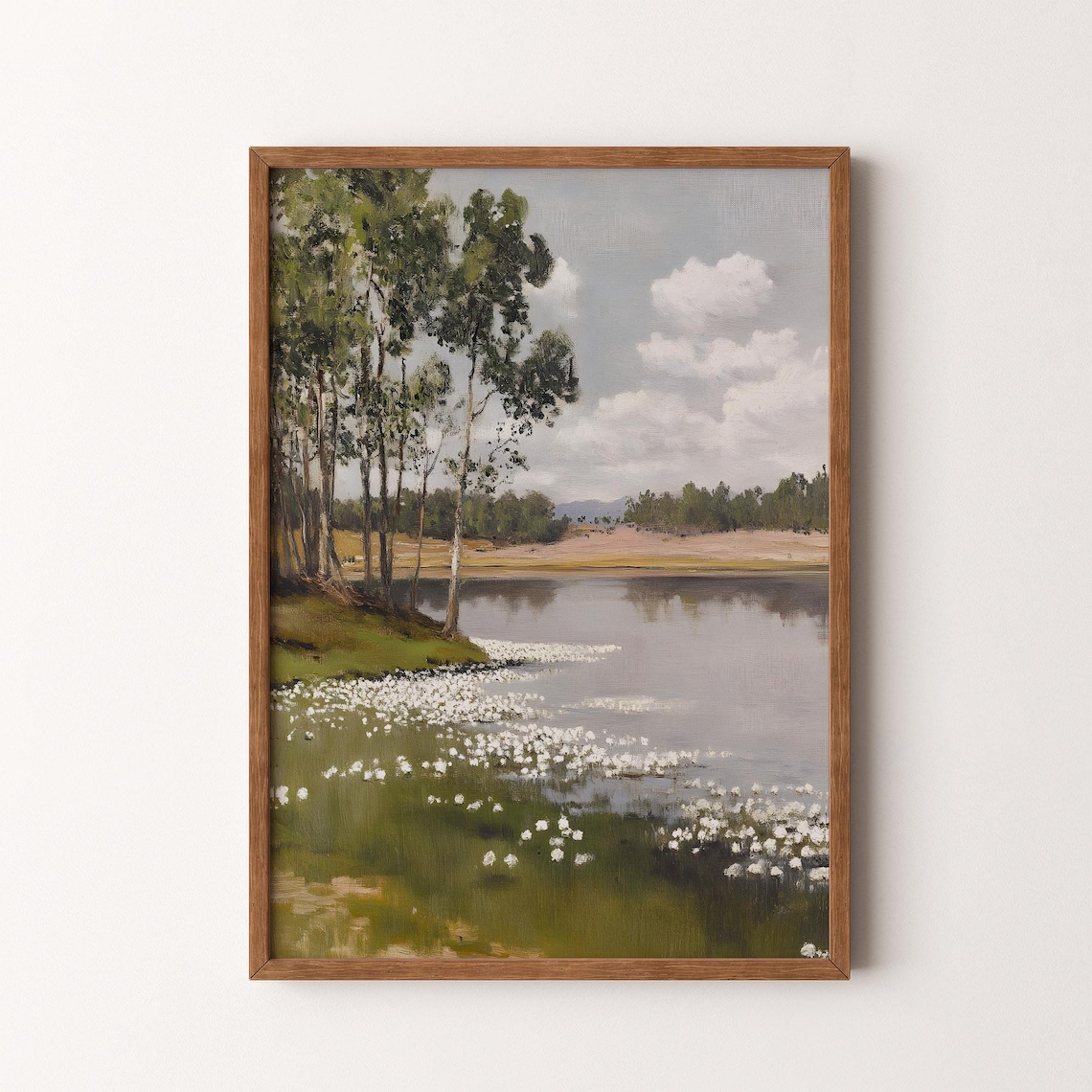 Vintage Spring Lake Landscape, Wildflowers Forest Scene
