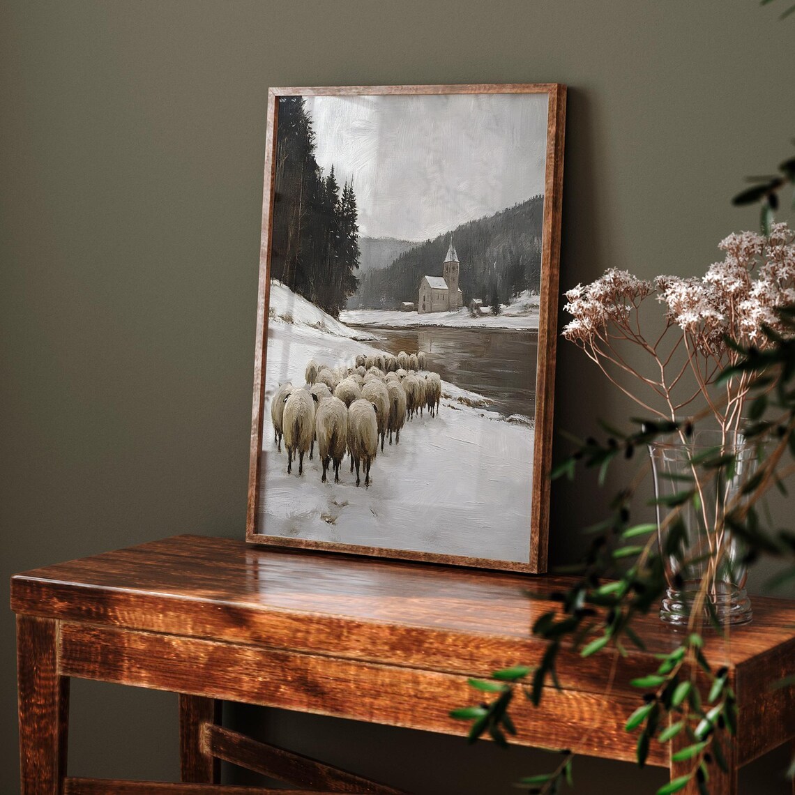 Sheep Herd On Snowy Riverbank With Church Across Water Vintage Winter Poster - Image 6