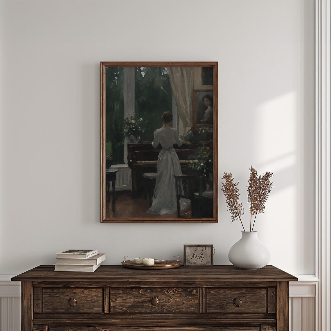 Lady At Piano White Dress Moody Drawing Room Portrait Painting Poster - Image 4
